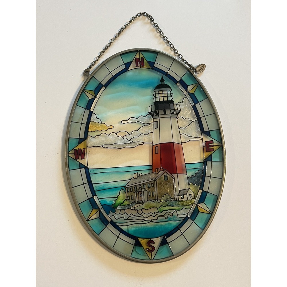 Stained Glass Lighthouse Sun Catcher Coastal Nautical Colorful Oval Compass 80s